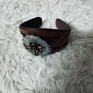 Fossil Brown Leather Cuff Bracelet Flower Concho Wide Wrist Band